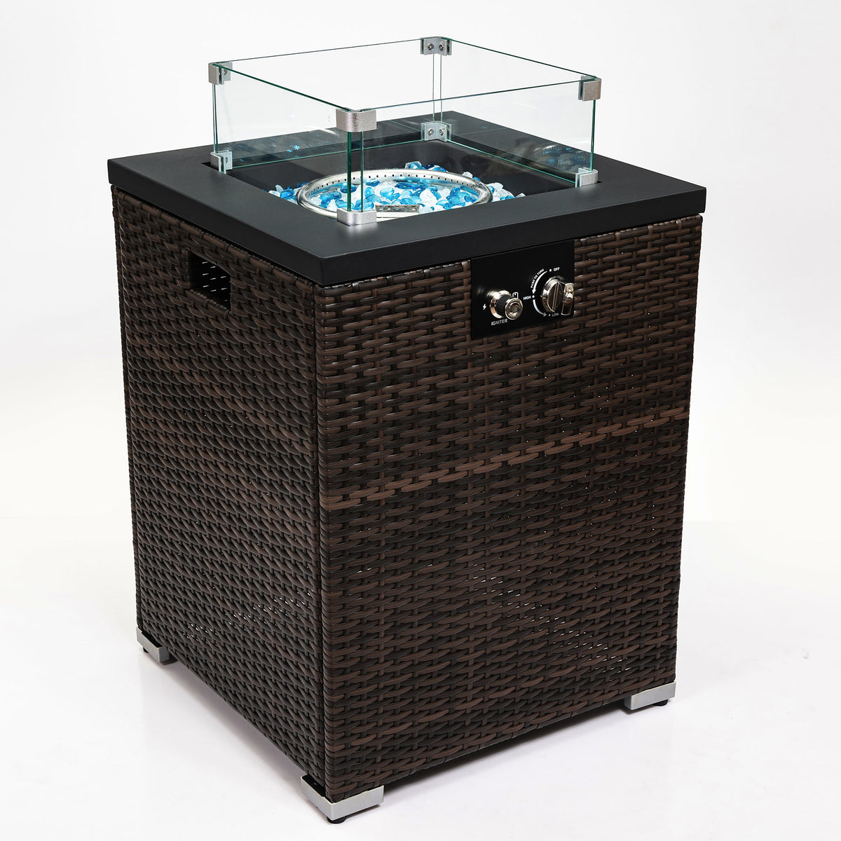 22' Propane Gas Fire Pit Table, 40000 BTU Square Steel Fire Pit with Beautiful Wicker Base for Outside Patio Deck Garden Backyard-Black
