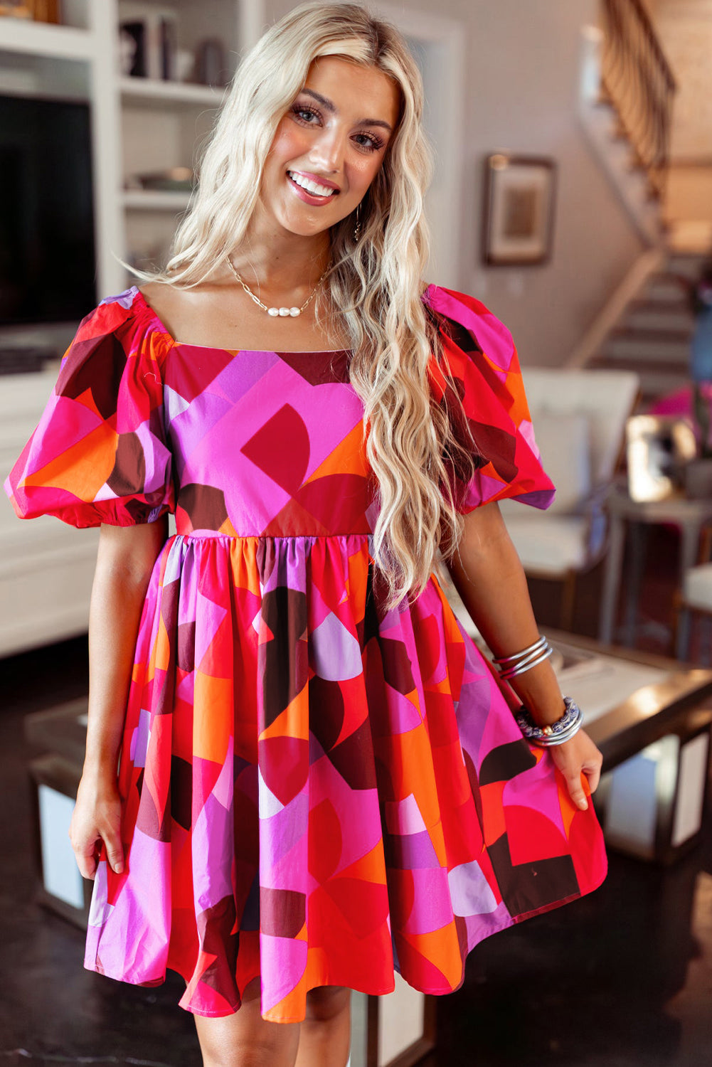 Red Abstract Print Square Neck Puff Sleeve Dress - Eloy Royal