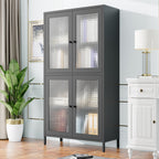 Classic Metal Storage Cabinet Display Cabinet with 4 Glass Doors 4 Shelves Cabinet  Bookcase Side Cabinet for Home Office Living Room Kitchen Hallway - Black, Waffle Grids Tempered Glass