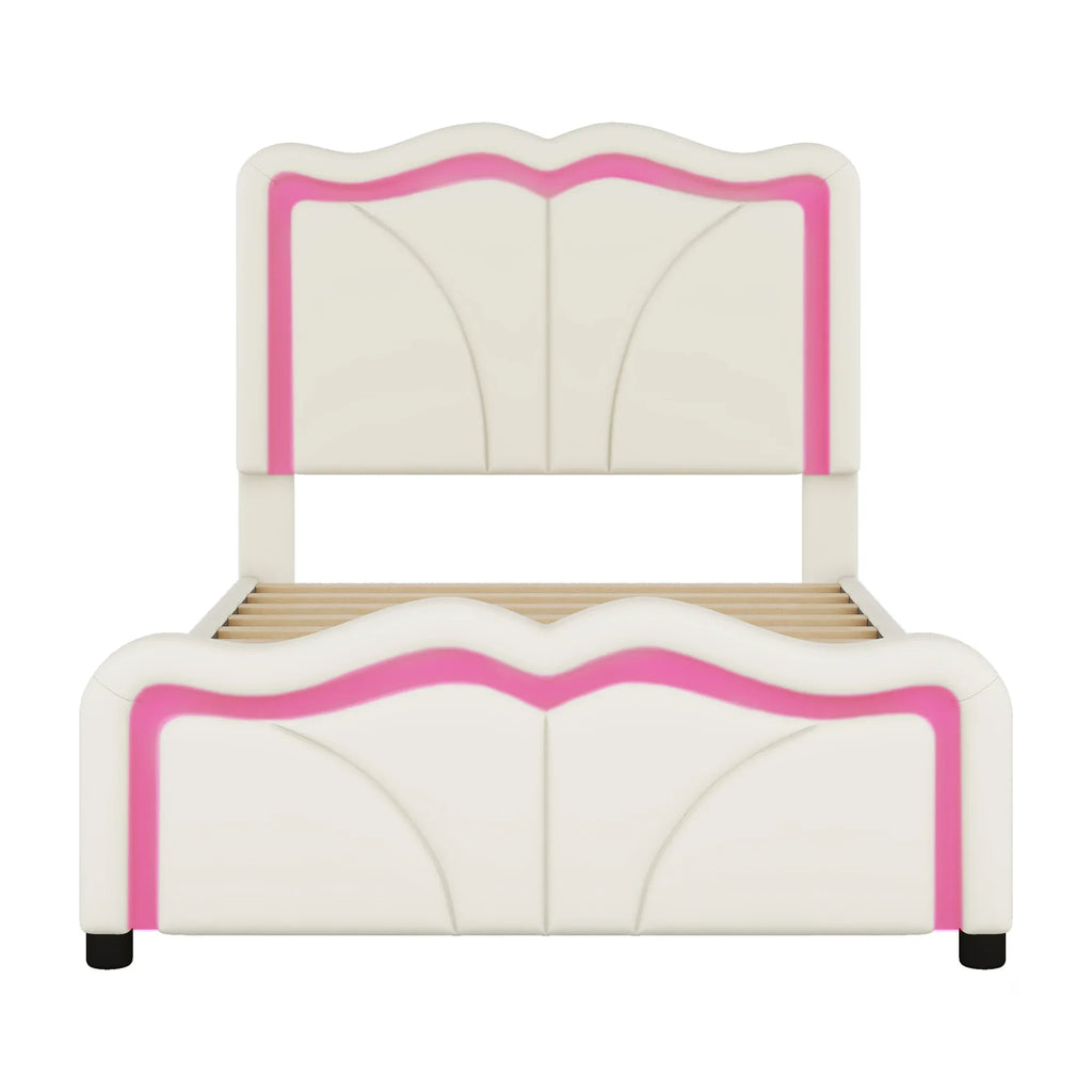 Twin Size Upholstered Platform Bed with Curved Adjustable Headboard and LED Lights, White, Pine Wood MDF PU - Eloy Royal