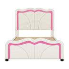 Twin Size Upholstered Platform Bed with Curved Adjustable Headboard and LED Lights, White, Pine Wood MDF PU - Eloy Royal