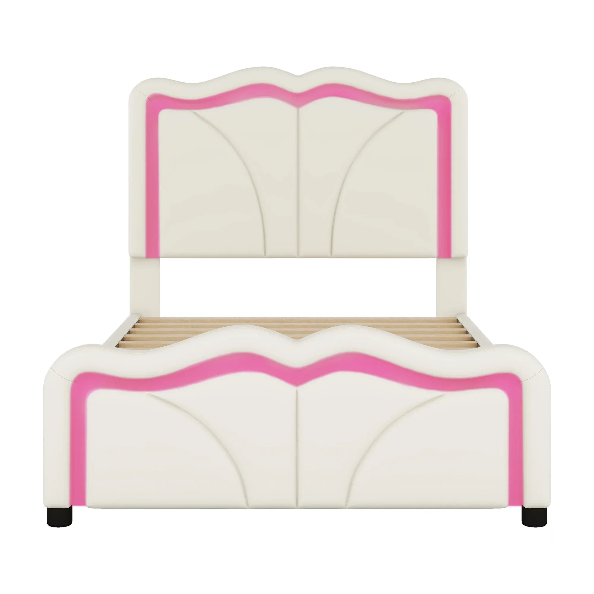 Twin Size Upholstered Platform Bed with Curved Adjustable Headboard and LED Lights, White, Pine Wood MDF PU - Eloy Royal