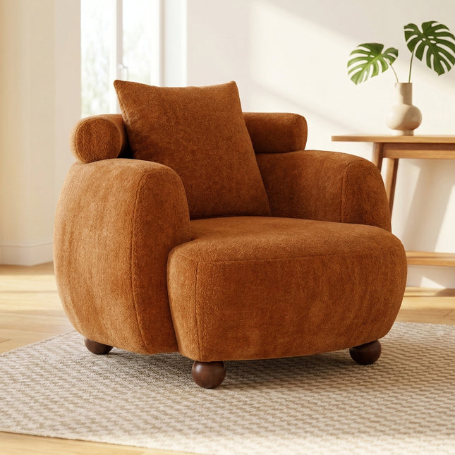 Nordic Style Lazy-Style clubchair 38 Inches, Chenille Fabric Bucket Chair, Decorative Sofa, Soft Cushion with pillow, for Living Room, Study, and Relaxation Room, Caramel Color