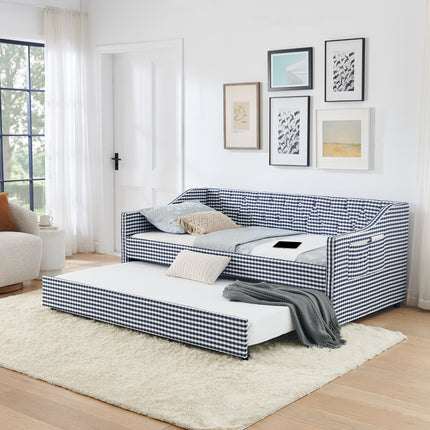 Twin‑Size Daybed,Upholstered Convertible Daybed with Tufted Button Backrest, 3‑in‑1 Versatile Sofa Bed with Pull‑Out Trundle & Side Storage, Perfect for Compact Living-Dark Blue
