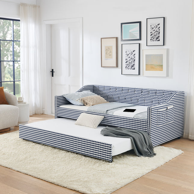 Twin‑Size Daybed,Upholstered Convertible Daybed with Tufted Button Backrest, 3‑in‑1 Versatile Sofa Bed with Pull‑Out Trundle & Side Storage, Perfect for Compact Living-Dark Blue