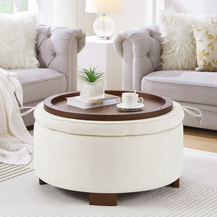 Round Storage Ottoman with Reversible Lid - Boucle Fabric Upholstered Footstool, Hidden Storage Compartment, Wooden Legs, Dual-Purpose Seat & Side Table for Living Room, Bedroom - IVORY