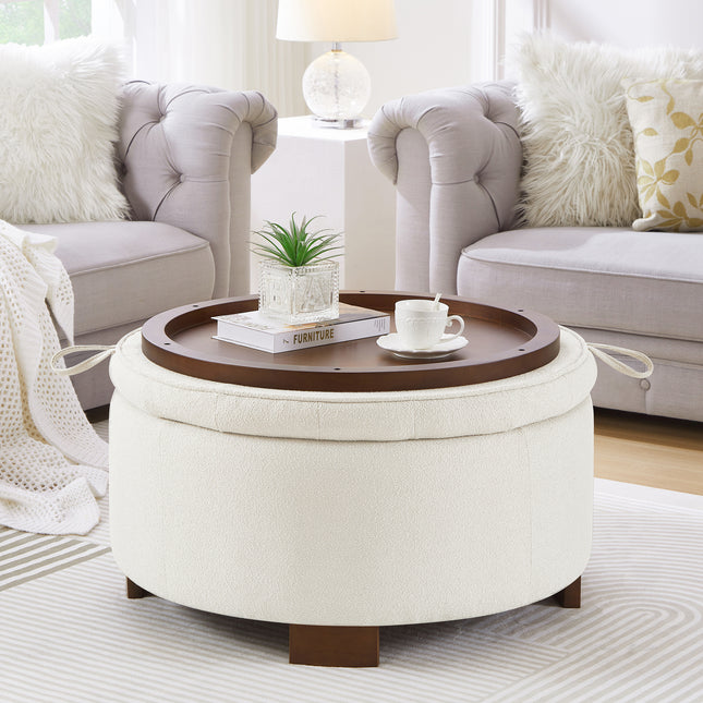 Round Storage Ottoman with Reversible Lid - Boucle Fabric Upholstered Footstool, Hidden Storage Compartment, Wooden Legs, Dual-Purpose Seat & Side Table for Living Room, Bedroom - IVORY