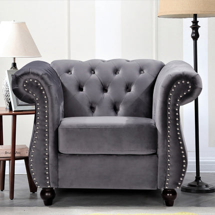 Chesterfield Crushed Velvet Accent Chair, Button Tufted Single Sofa Chair with Rolled Arms, Wood Tapered Legs, High Density Foam Spring Support, Comes with Matching Bolster