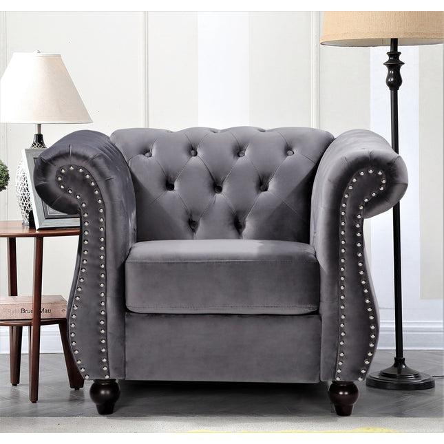 Chesterfield Crushed Velvet Accent Chair, Button Tufted Single Sofa Chair with Rolled Arms, Wood Tapered Legs, High Density Foam Spring Support, Comes with Matching Bolster