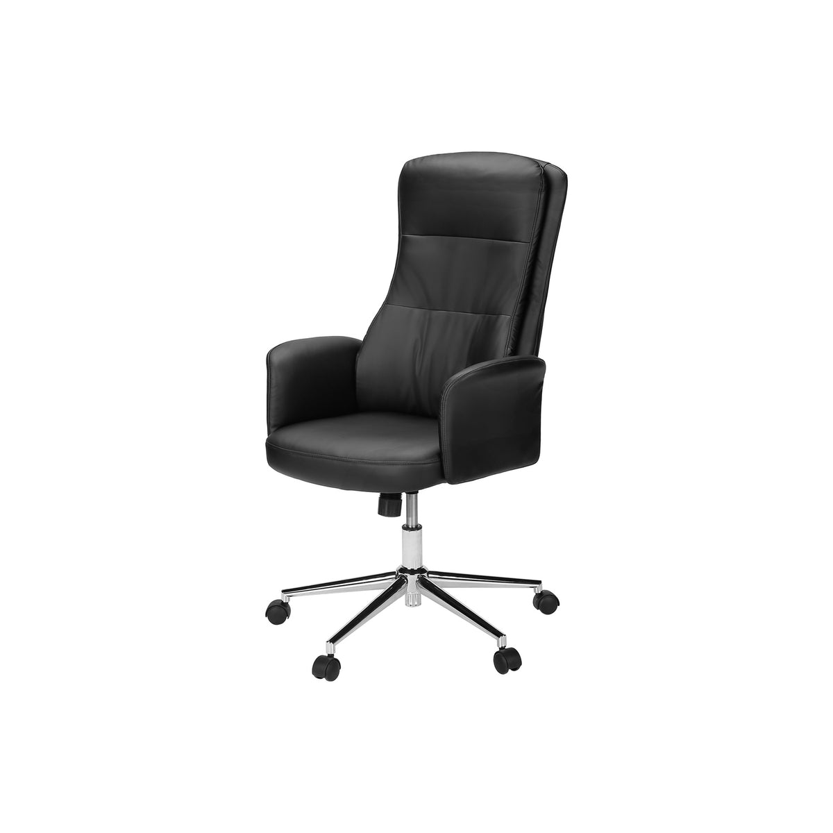 Contemporary Black Leather-Look Office Chair with Adjustable Height, Ergonomic Design, Chrome Base, and Padded Armrests