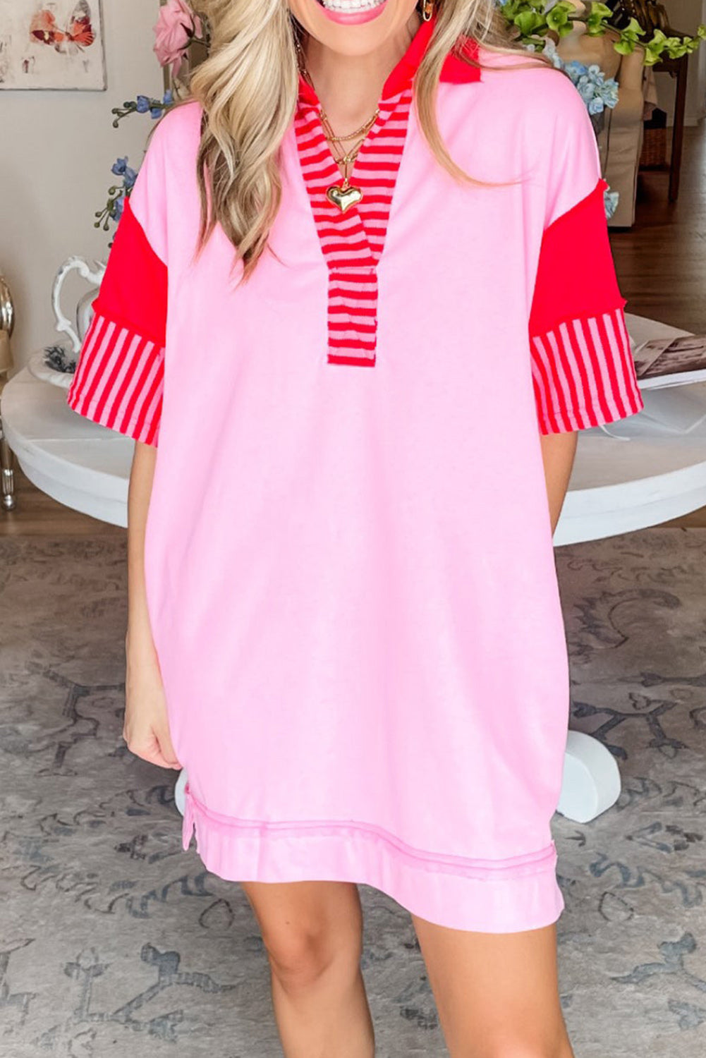 Pink Stripe Colorblock Sleeve Collared Mini Dress - Eloy Royal