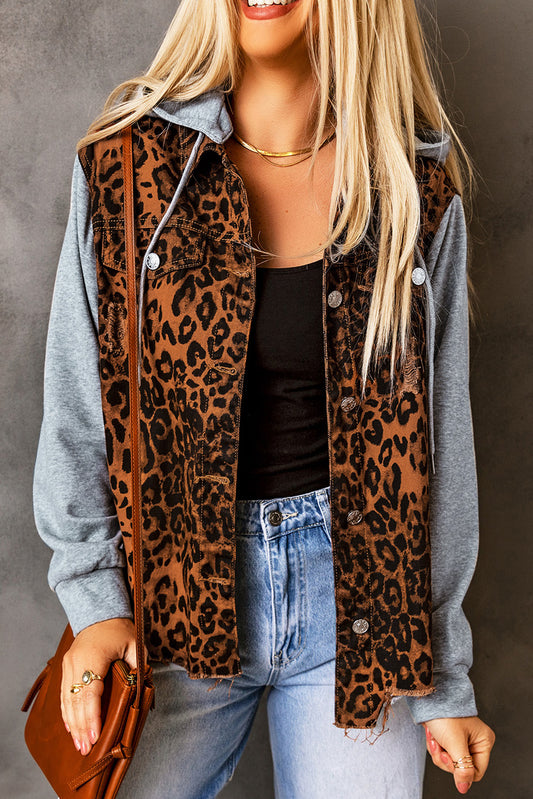 Wholesale Cheetah Patchwork Ripped Raw Hem Jacket - Eloy Royal