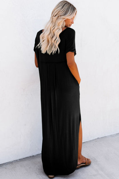 Black Solid Color Hidden Pocket V Neck Slit Maxi Dress - Eloy Royal