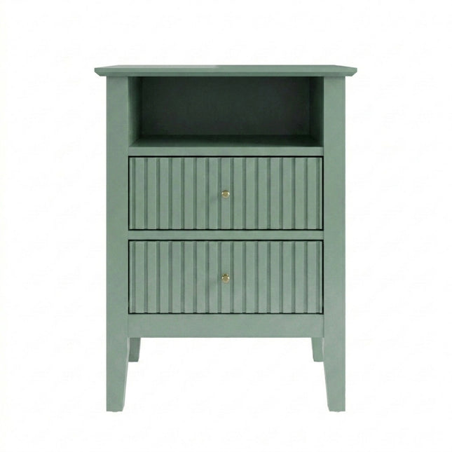 Modern Green Fluted 2-Drawer Nightstand Set of 2, 18' Tall Engineered Wood End Table with Storage and Gold Knobs