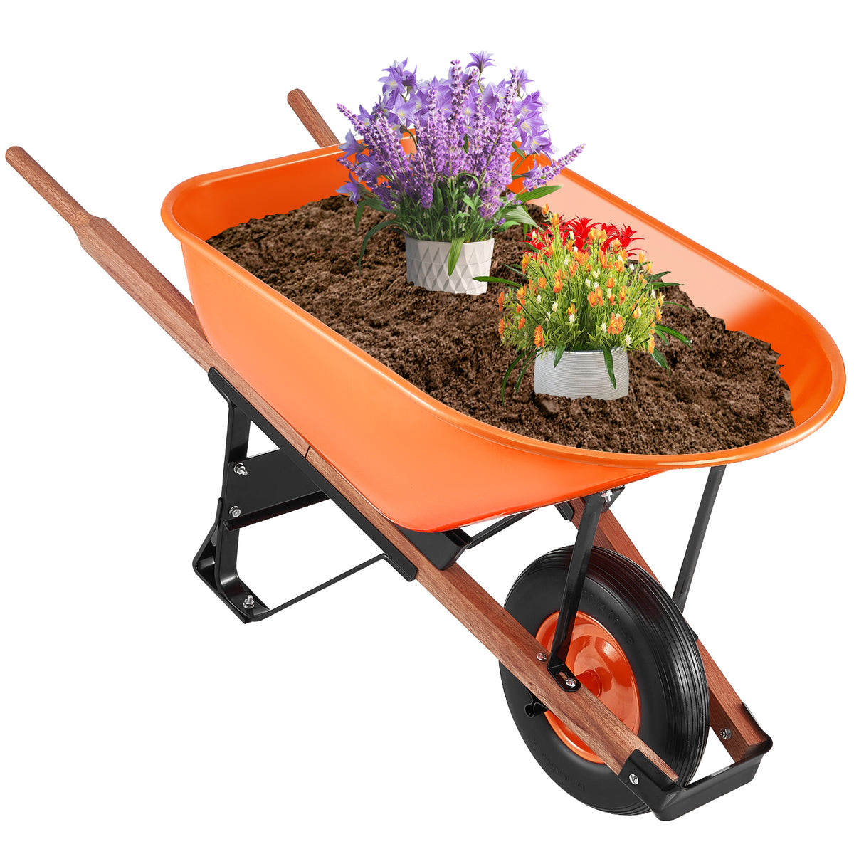 Wheelbarrow Cart, 6 Cu. Ft. Load & 330 lbs Capacity, One Wheel Garden Dump Cart Wheel Barrow with Metal Handle & 16' Wide Track Wheels, Easy Loading Utility Yard Cart & Wagons for Lawn Farm