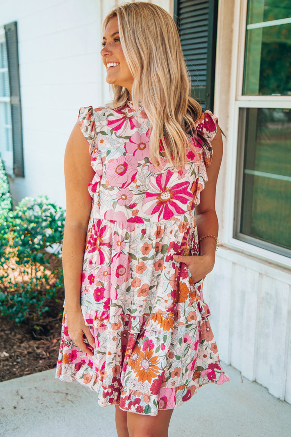 Floral Print Casual Ruffled Sleeveless Tiered Short Dress - Eloy Royal