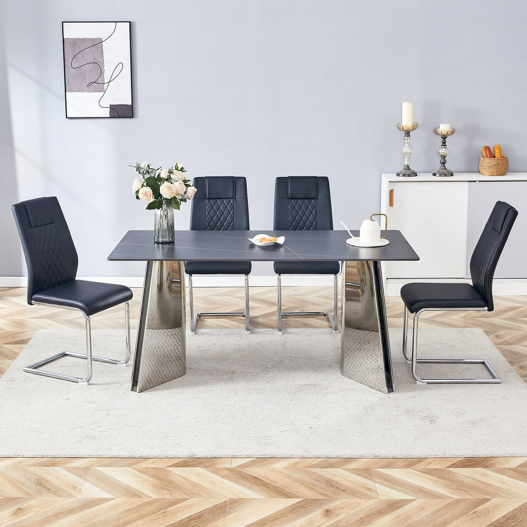 Table and chair set.63'x31.5x30' Black Marble-Patterned Slabs Tabletop with Stainless Steel Butterfly Legs.Paried with 4 Black high-quality PU chairs with silver metal legs.
