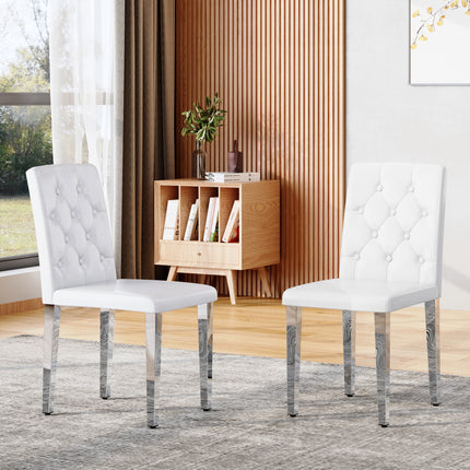 2-pack white PU dining chairs: ergonomic buckle backrest, 35 inches high, silver metal legs,Combines Comfort and Texture.Perfectly suitable for family dining rooms,hotel banquet halls,etc.