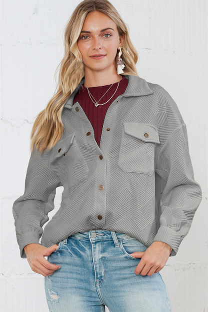 Wholesale Gray Solid Textured Flap Pocket Buttoned Shacket - Eloy Royal