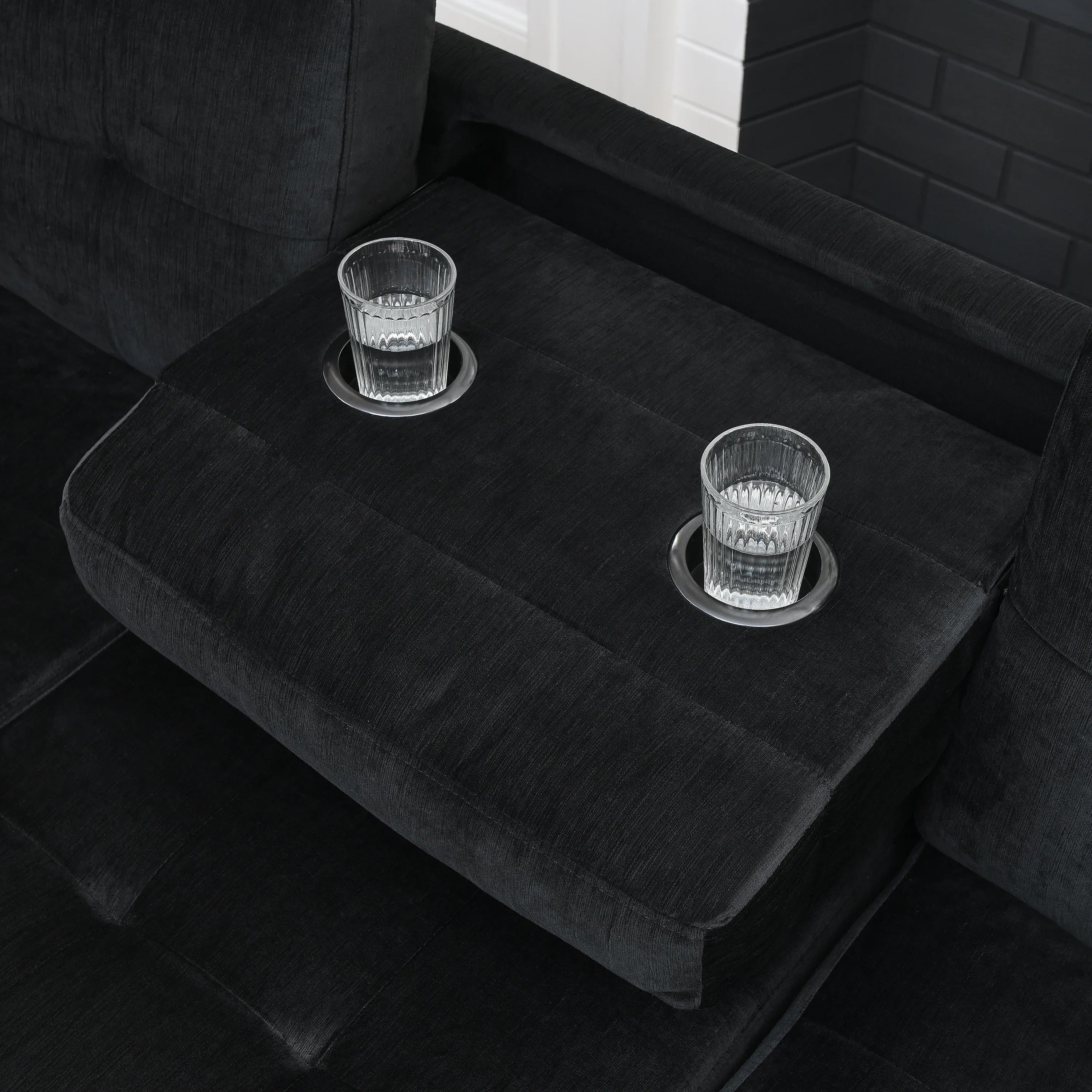 Sectional 3-Seaters Sofa with Reversible Chaise, Storage Ottoman and Cup Holders, Metal Legs and Copper Nails,Two White Villose Pillows ,Black(107.5' x 80.5' x36') - Eloy Royal