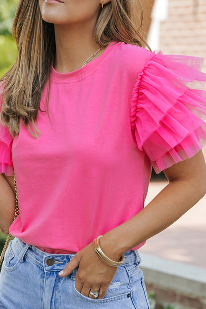 Pink Plain Round Neck Tulle Ruffle Sleeve Blouse - Eloy Royal