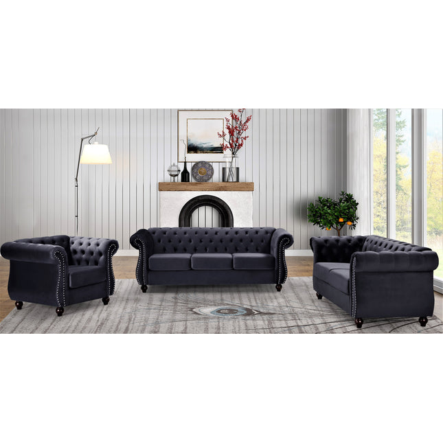 Chesterfield 3-Piece Crushed Velvet Living Room Set, 3-Seater Sofa & 2-Seater Loveseat & Single  Chair, Button Tufted Design with Rolled Arms, Wood Tapered Feet, High Density Foam