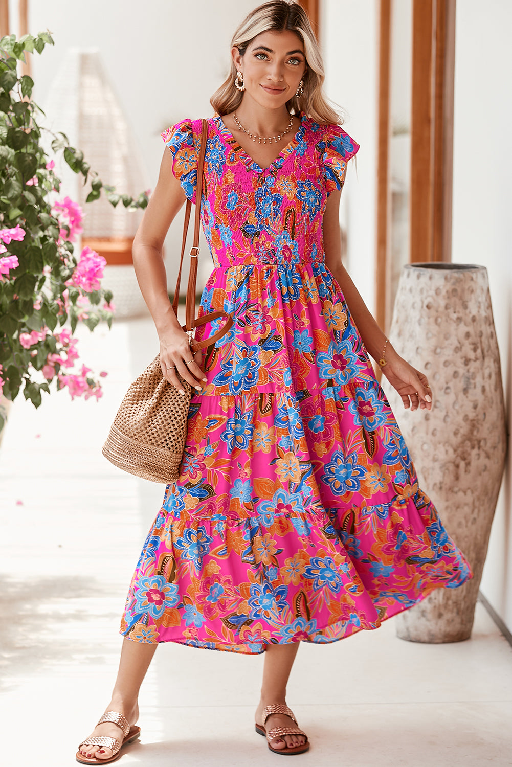 Dark Blue Boho Floral V Neck Ruffle Tiered Long Dress - Eloy Royal