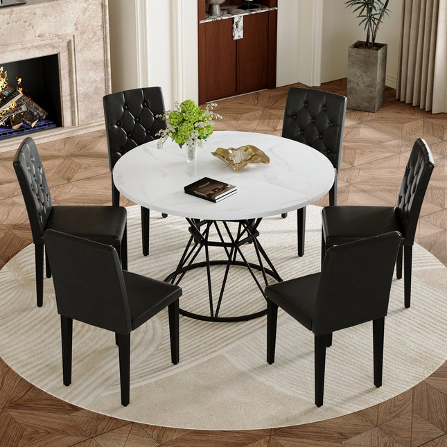 Table and chair set. A circular white MDF dining table with a diameter of 47.3 inches,black hourglass shaped metal brackets.Paired with 6 black PU dining chairs: ergonomic buckle backrest.