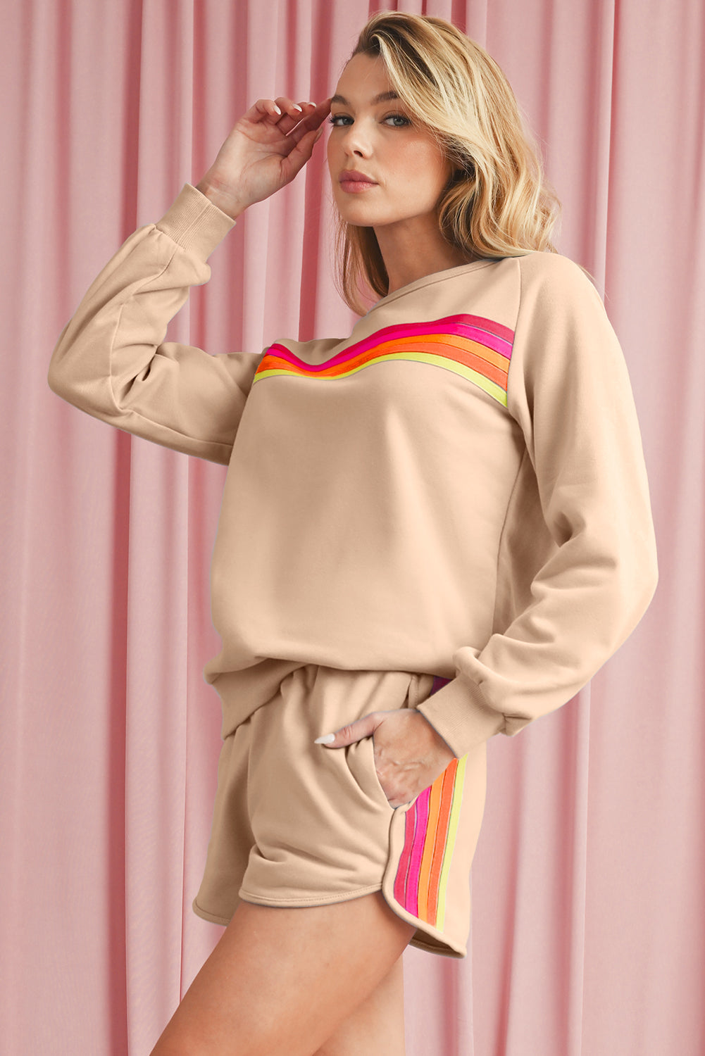 Bonbon Colorful Striped Long Sleeve Pullover and Shorts Set