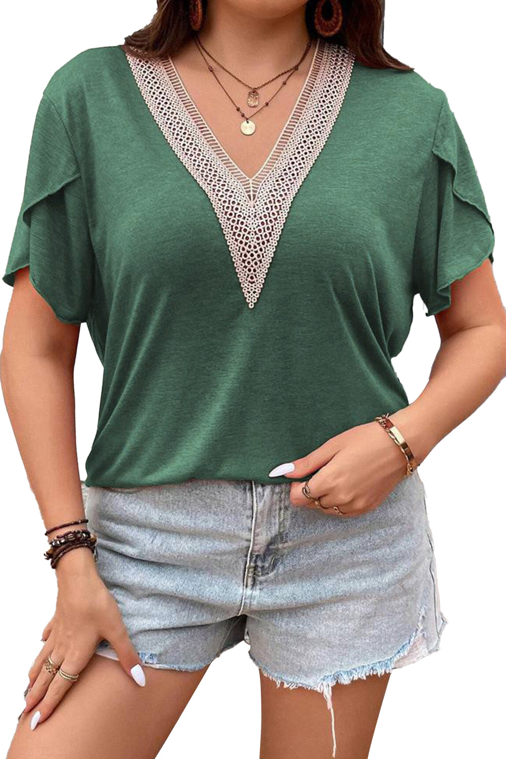 Blackish Green Plus Size Contrast V Neck Draped Sleeve Blouse - Eloy Royal