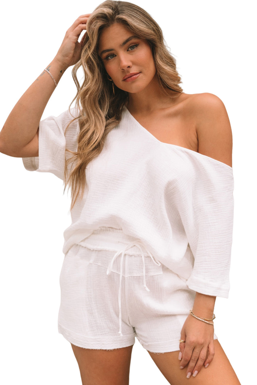 White Loose V Neck Blouse & Drawstring Raw Hem Shorts Set - Eloy Royal