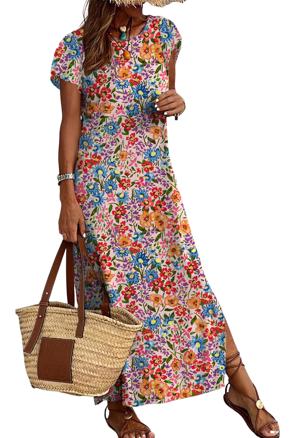 Multicolor Floral Print Ruffle Sleeves Open Back Maxi Dress - Eloy Royal