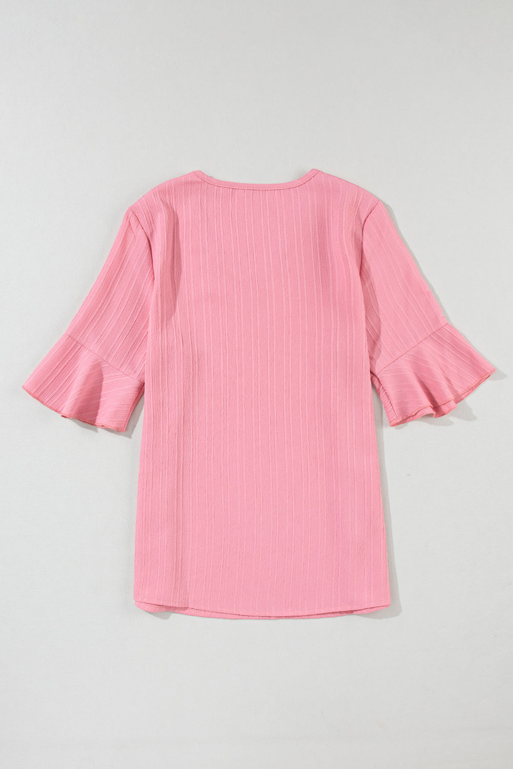 Peach Blossom Ruffled Short Sleeve V Neck Textured Shirt - Eloy Royal