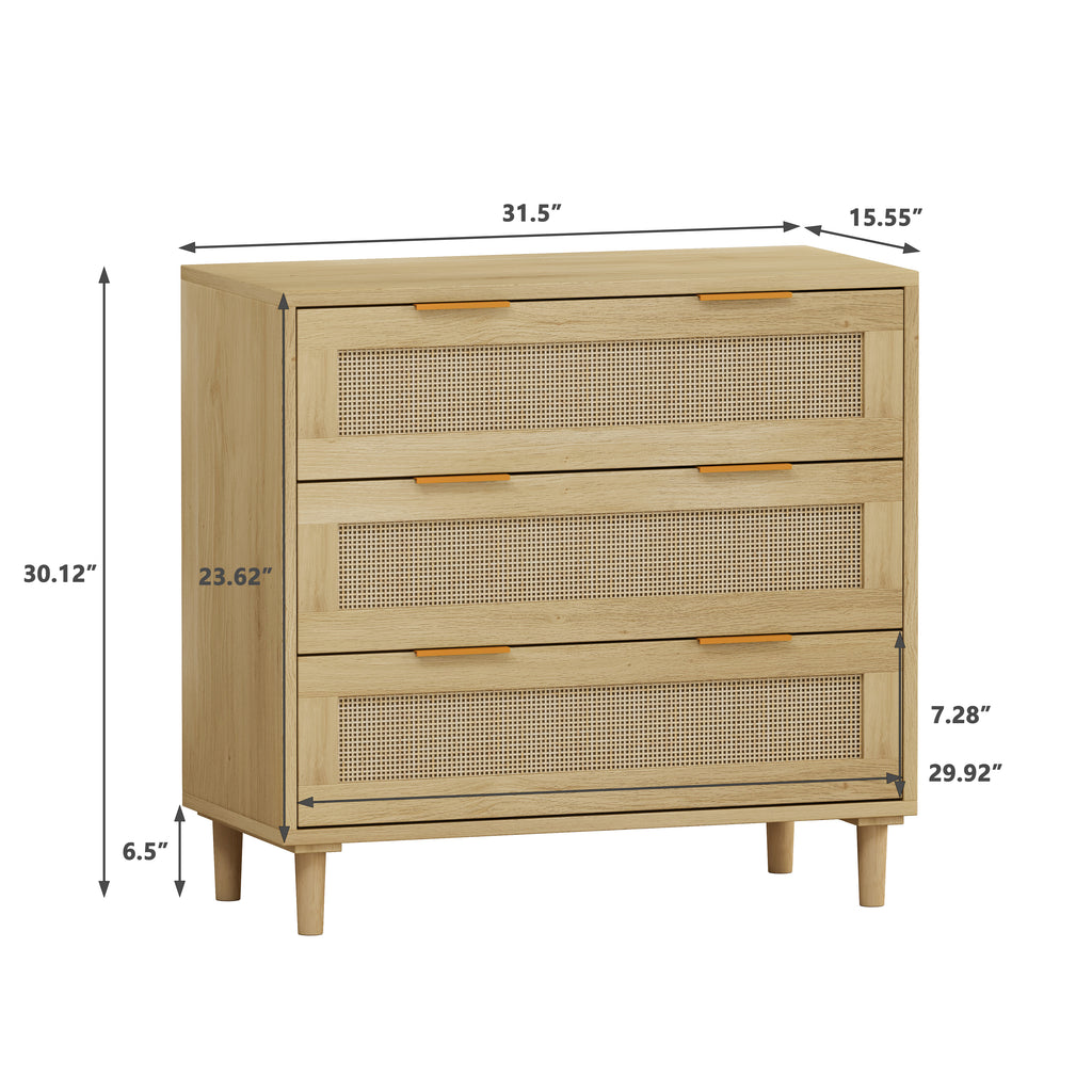 Nervi Rattan Three-Drawer Storage Cabinet, Oak, Set of 2