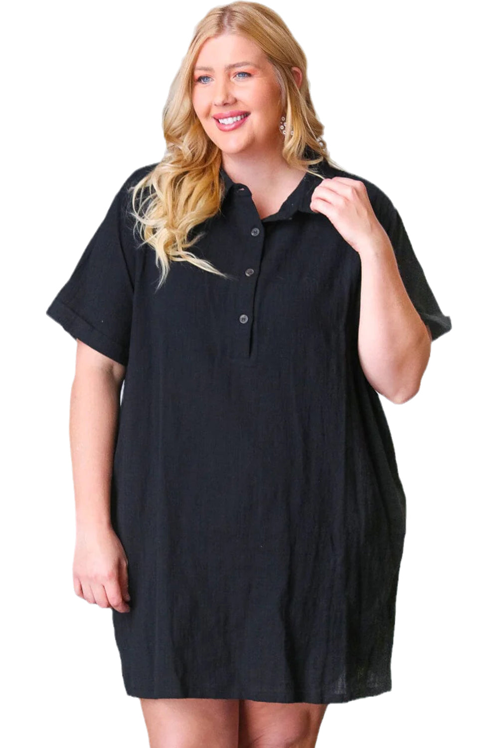 Wholesale Black Plus Size Collar Buttoned Short Sleeve Shirt Dress - Eloy Royal