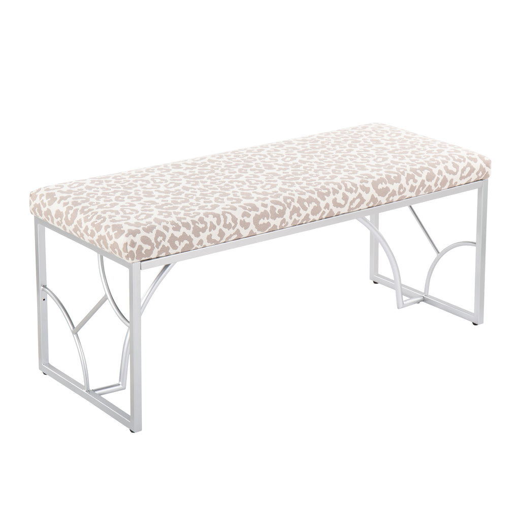 Contemporary Bench in Silver Metal and Grey Leopard Fabric