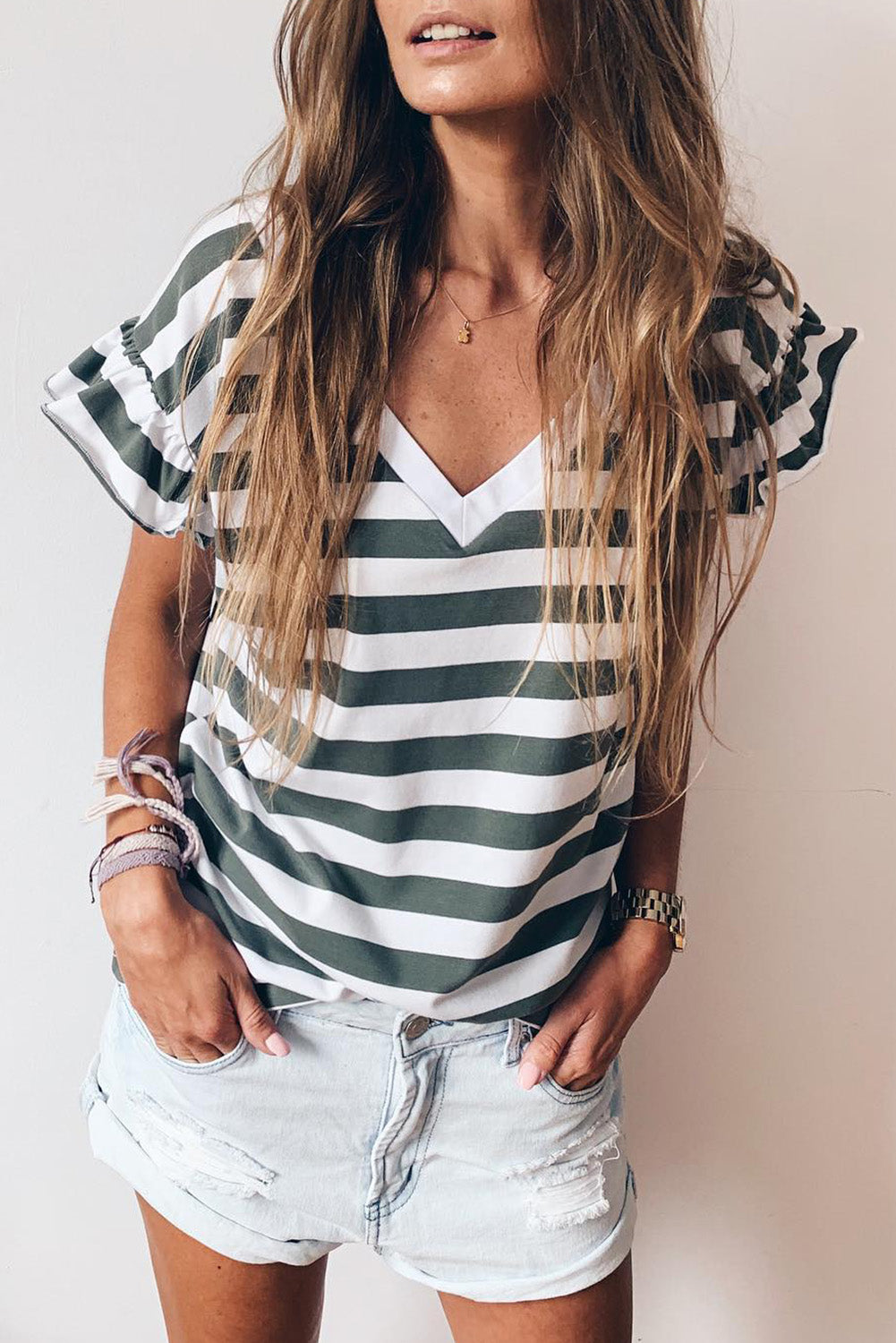 Sea Green Striped V Neck Ruffle Sleeve Top - Eloy Royal