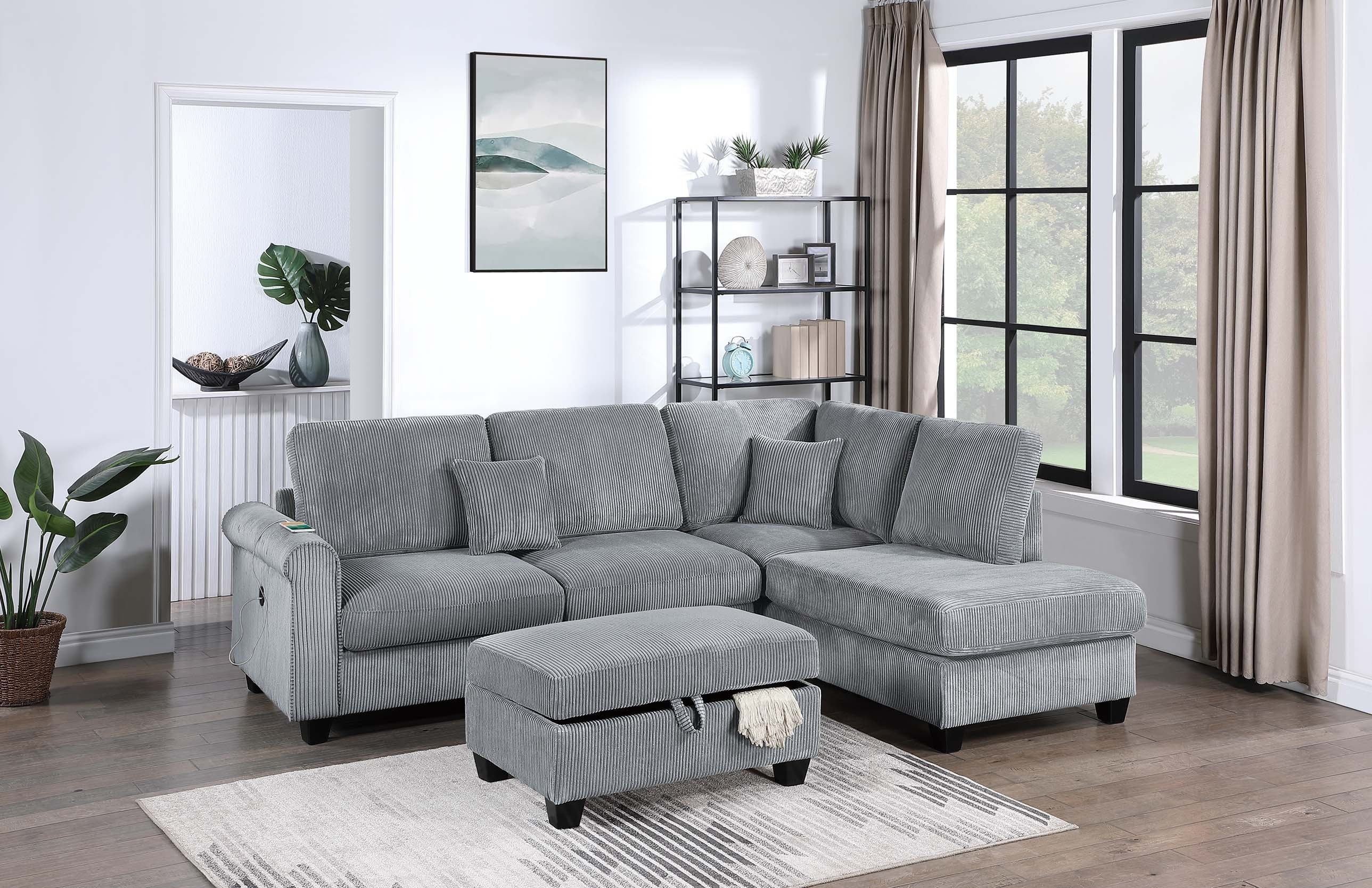 Contemporary Style 3pc Sectional Set Right Arm Chaise Left Arm Sofa w/ USB Port Storage Ottoman Throw Pillow Wooden Legs Fog Finish Primary Living Room