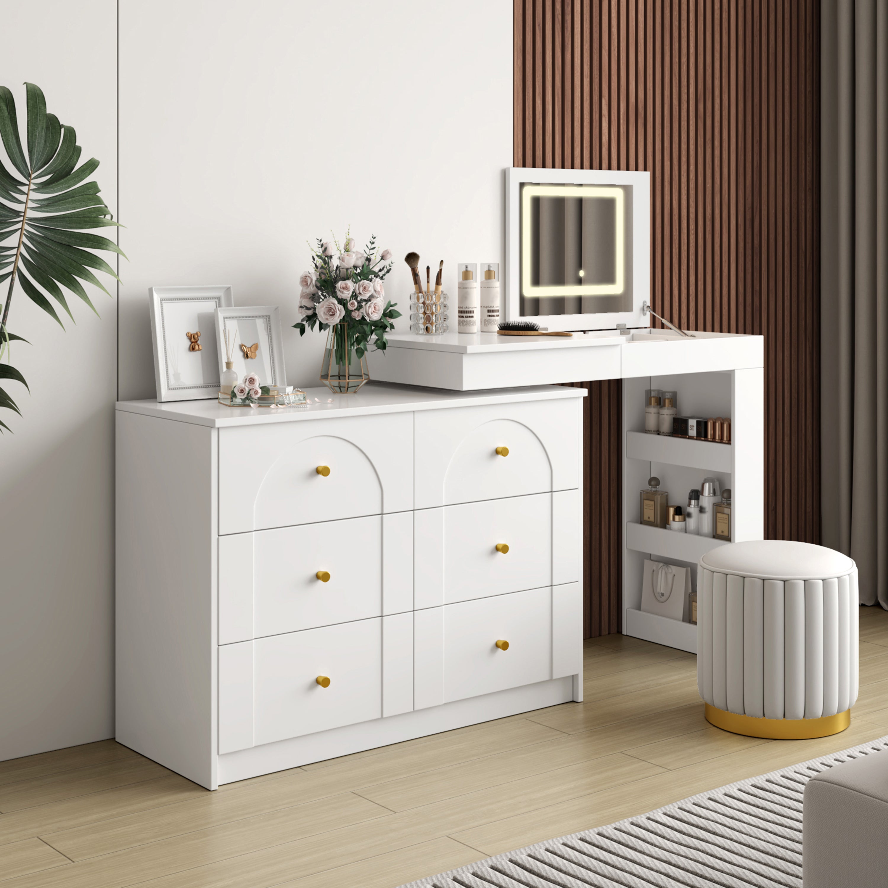 Vanity Desk with Mirror and Lights, Makeup Vanity Table with Flip-Top Tabletop and Storage 7 Drawers, 9 Compartments, 3 Shelves, 3 Color Modes Adjustable Makeup Table for Bedroom,White (N733P279096K)