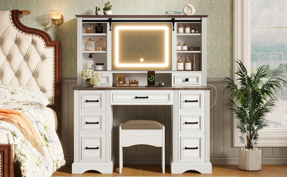 47.2' Farmhouse Makeup Vanity Desk with Sliding Mirror, Large Vanity Set with LED Lights, Dressing Table with Storage Stool and 9 Drawers, Ample Storage, White and Brown - Eloy Royal