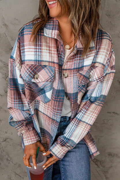 Wholesale Gold Flame & Grey Plaid Button Up Collared Flannel Shacket - Eloy Royal