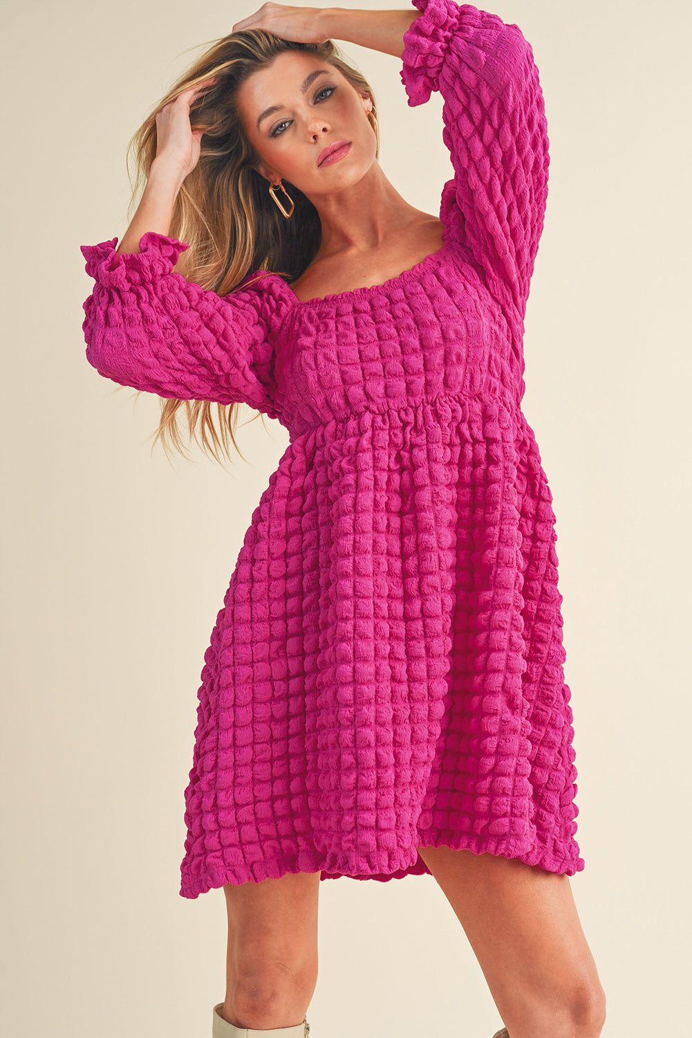 Strawberry Pink Bubble Textured Square Neck Babydoll Dress - Eloy Royal