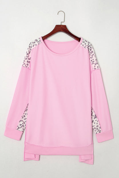 Pink Exposed Seam Leopard Splicing Plus Size Sweatshirt - Eloy Royal