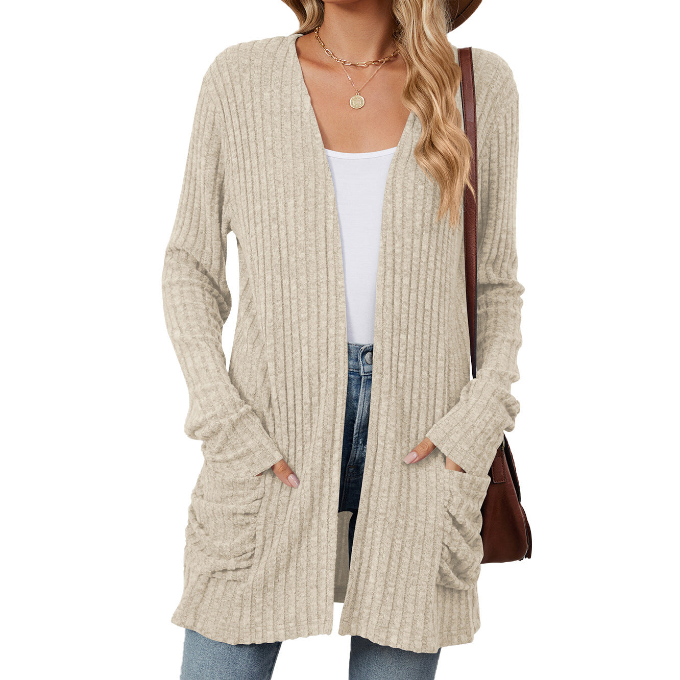 Solid Color Pocket Long Sleeve Bottoming Cardigan Knitwear