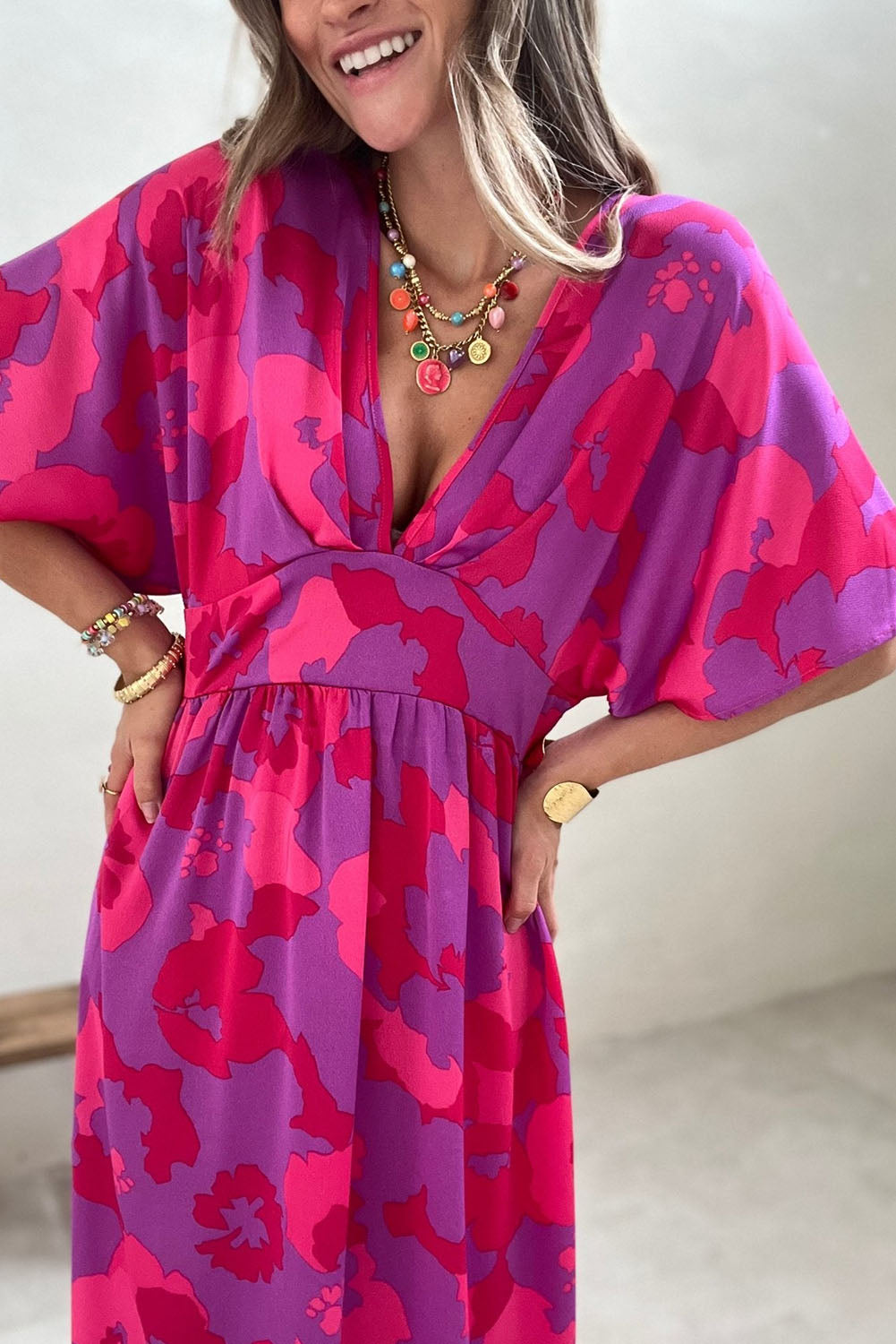 Rose Abstract Floral Print V Neck Split Maxi Dress - Eloy Royal