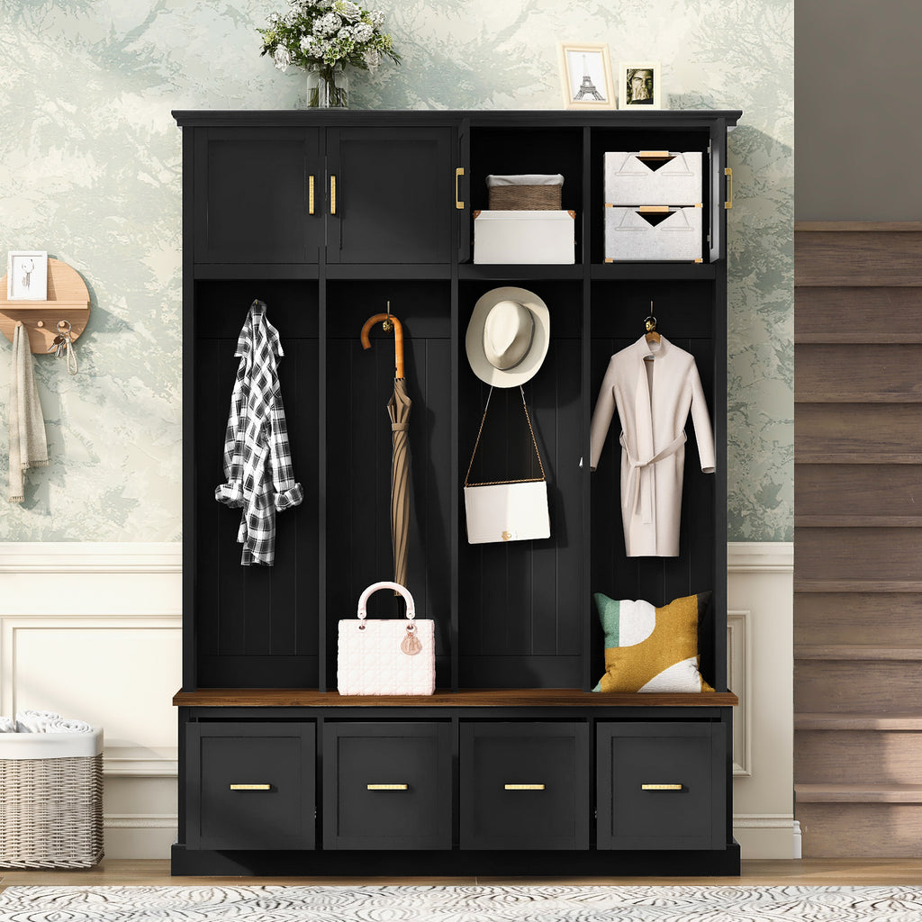 U-Can Farmhouse Entryway Hall Tree with Coat Hooks, Cabinets, and Drawers