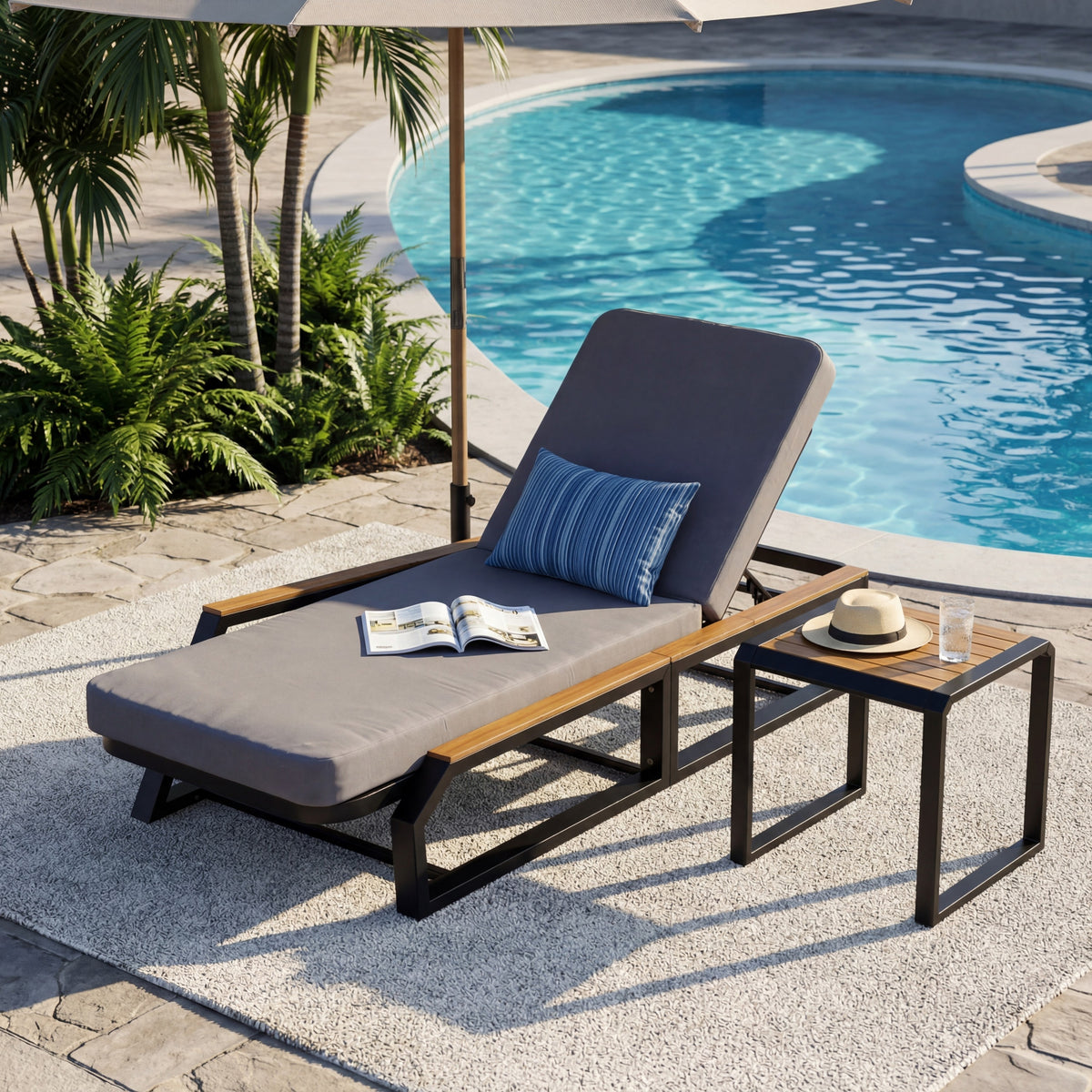 3-Piece Adjustable 5-Position Outdoor Chaise Lounge Set with Grey Cushion & Side Table, Patio Reclining Lounger with Teak Wood Accents, Black Iron Frame