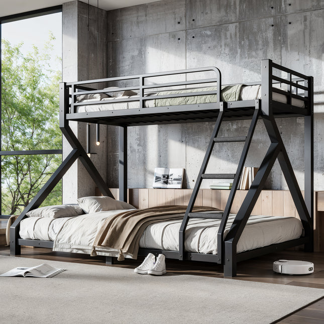 Twin XL over Queen Bunk Bed with ladders, Metal Bunk Bed with Full Upgraded Support Slats, Low Profile Bunk Bed, Black