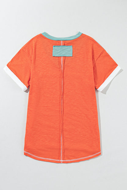 Grapefruit Orange Contrast Trim Exposed Seam V Neck T Shirt - Eloy Royal