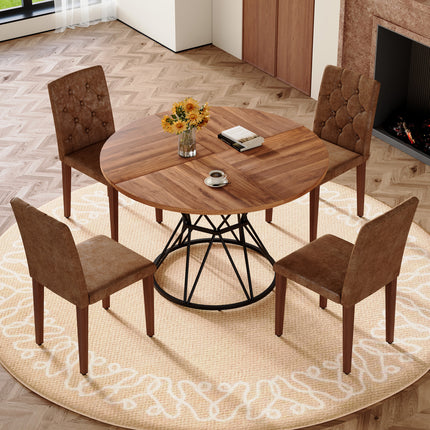 Table and chair set.A walnut MDF table with a diameter of 47.3 inches,black hourglass shaped metal brackets.Paired with 4 Brown Suede Fabric Chairs: Features a decorative button-tufted backrest.